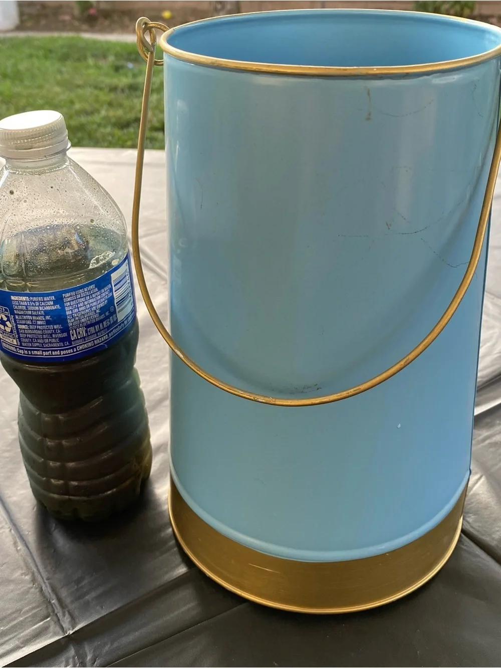 Blue Metal Decorative Bucket with Gold Accents